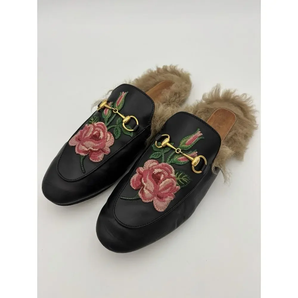 Gucci Princetown Loafer Black Leather Rose Embroidered Horsebit Size 38 / 8 Fur - Picture 2 of 16